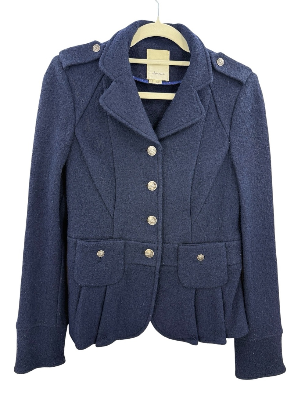 Elevenses Anthropologie Navy Wool Blend Military Peplum Jacket XS - Picture 3 of 16